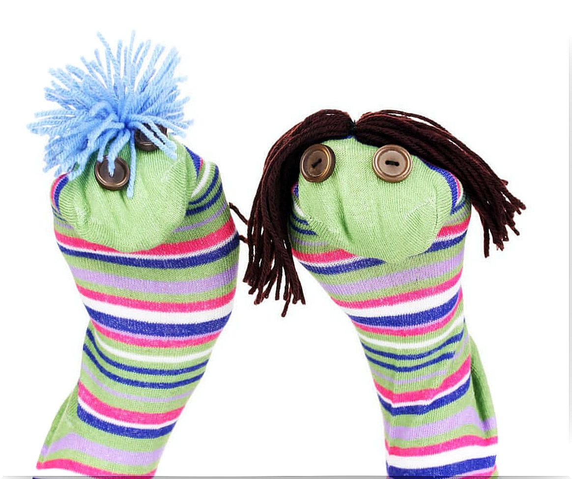 Homemade puppets made from old socks.