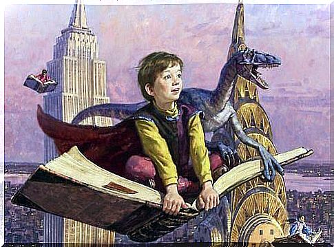 boy flying with book